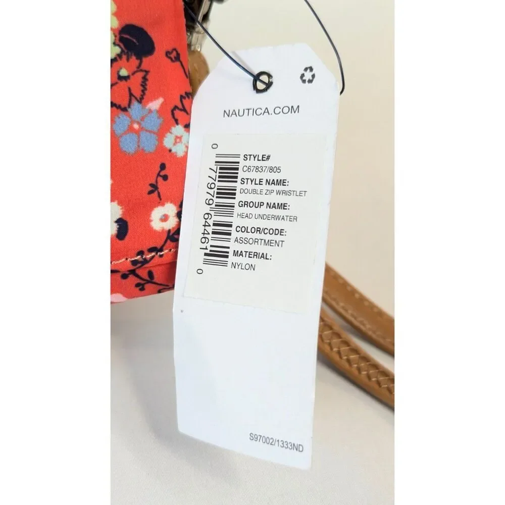Nautica double zip wristlet nylon pleated orange red floral tan trim silver NWT